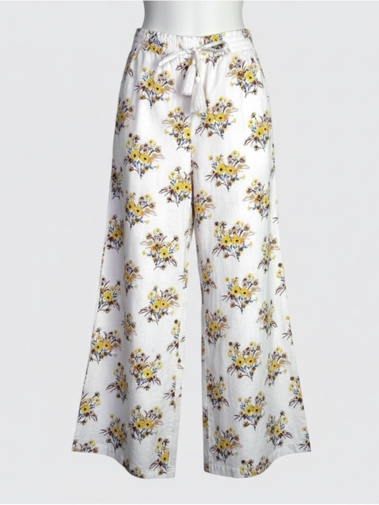 Happy X Nature Pants - Happy X Nature 100% Cotton Wide Leg Relaxed Off White with Floral Print W's Med.